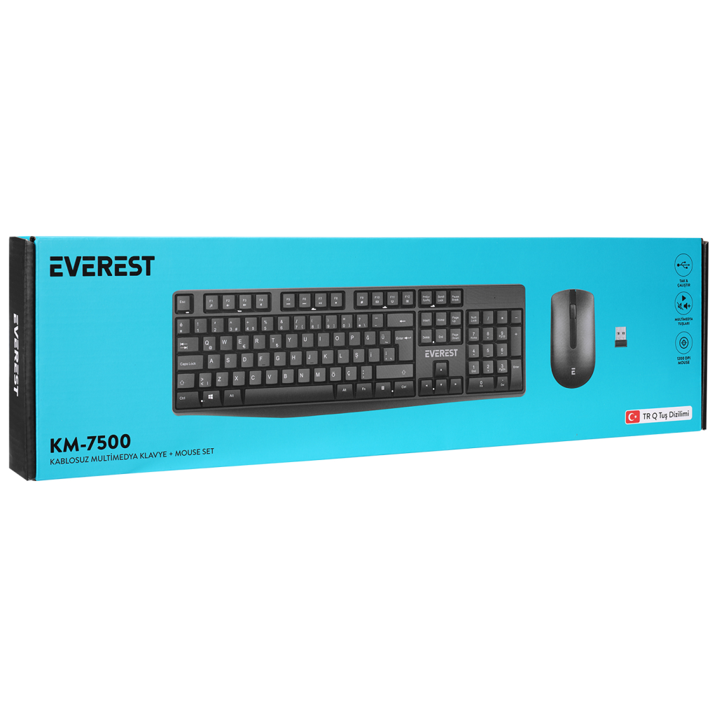 EVEREST KM-7500, Siyah, Türkçe Q, Kablosuz, Klavye Mouse Set