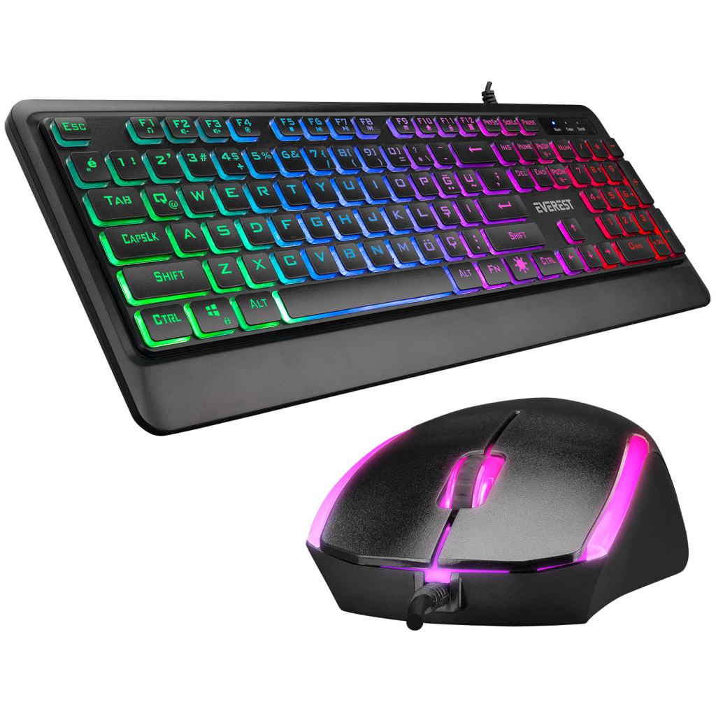 EVEREST KM-R59, FORZA, Rainbow Işıklı, Türkçe Q, USB Kablolu, Gaming, Klavye Mouse Set