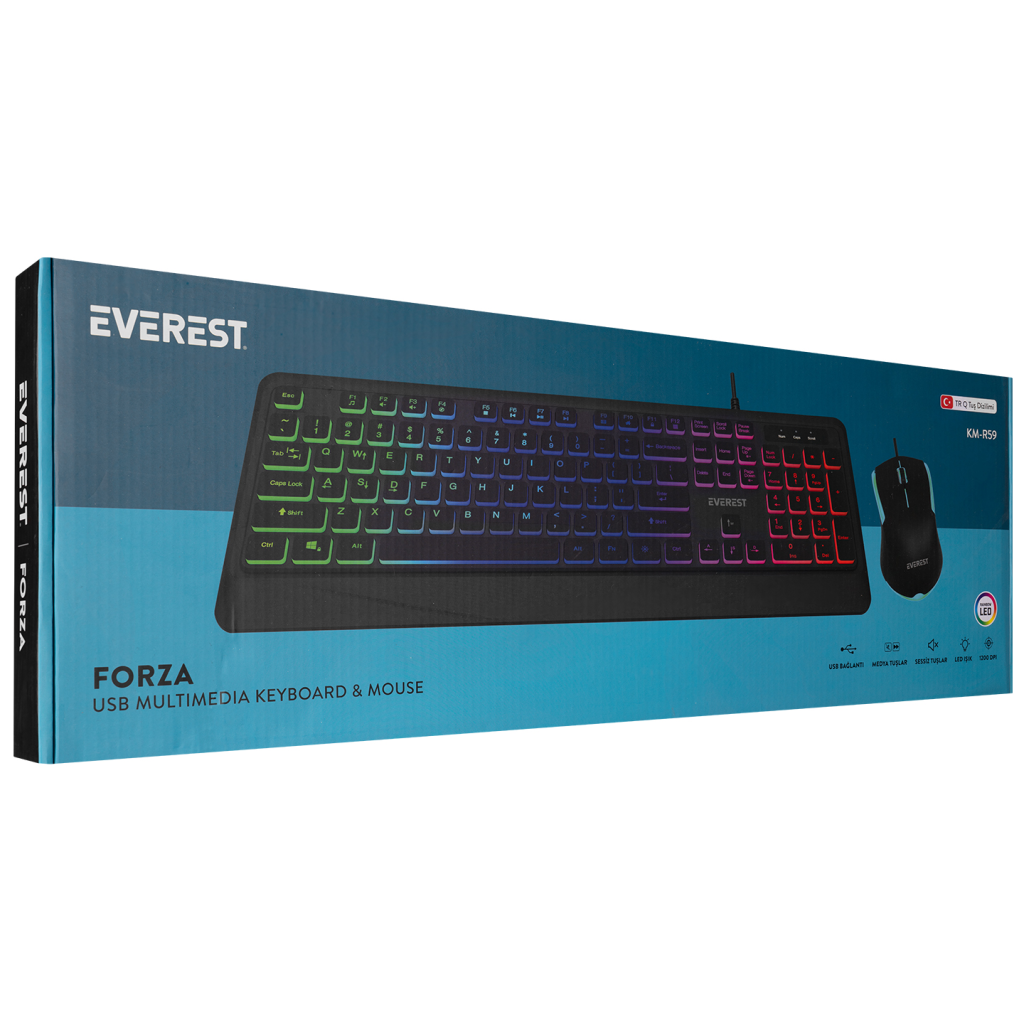 EVEREST KM-R59, FORZA, Rainbow Işıklı, Türkçe Q, USB Kablolu, Gaming, Klavye Mouse Set