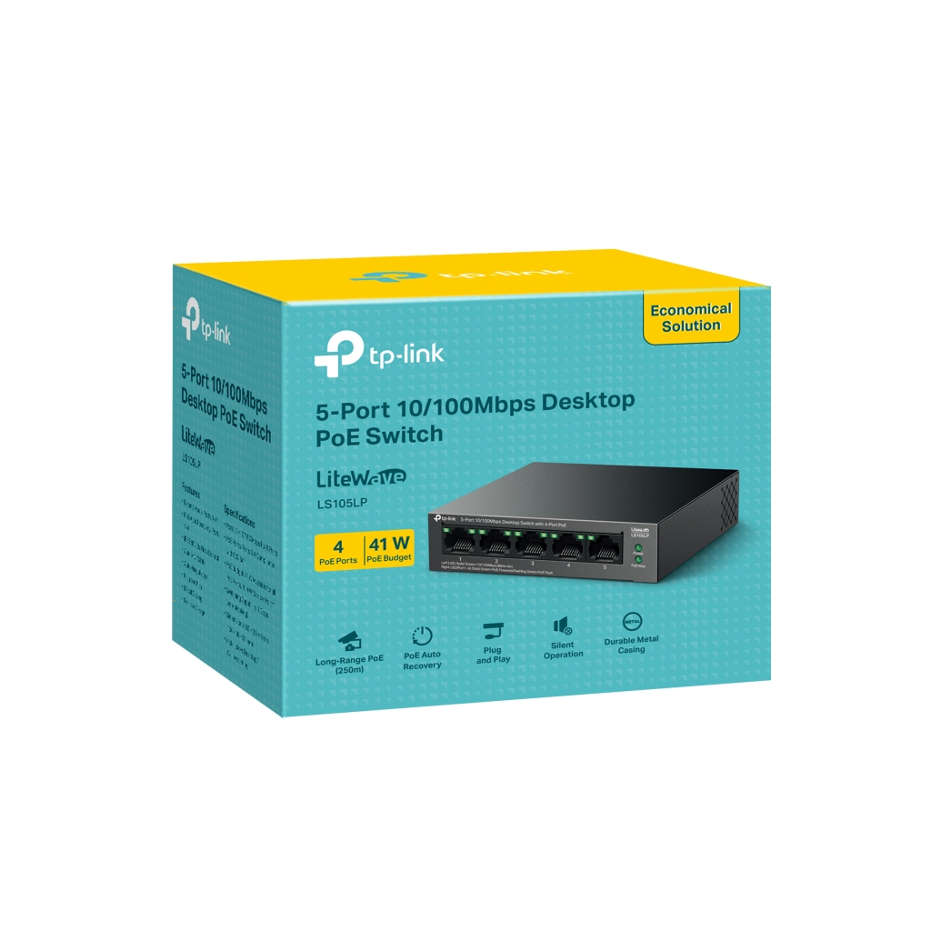 TP-LINK LS105LP, Green Tech, 5 Port, MegaBit, 4 Port POE, Metal Kasa, 41W, Yönetilemez, Masaüstü Switch