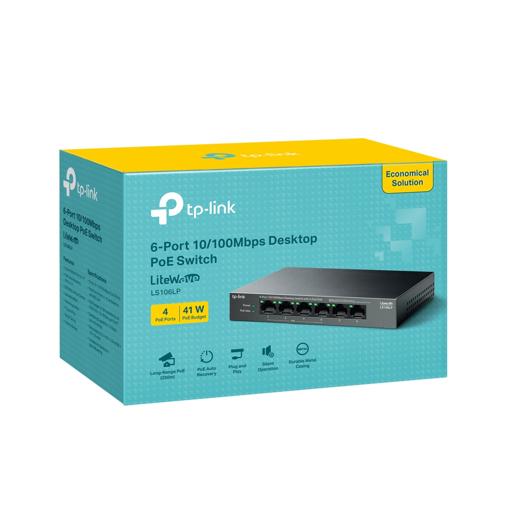TP-LINK LS106LP, Green Tech, 6 Port, MegaBit, 4 Port POE, Metal Kasa, 41W, Yönetilemez, Masaüstü Switch
