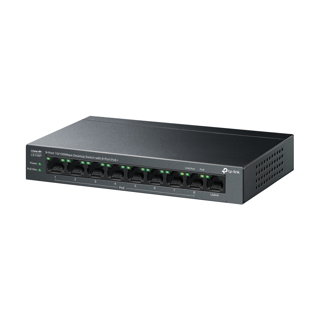 TP-LINK LS109P, Green Tech, 9 Port MegaBit, 8 Port POE, 63W, Yönetilemez, Metal Kasalı Switch