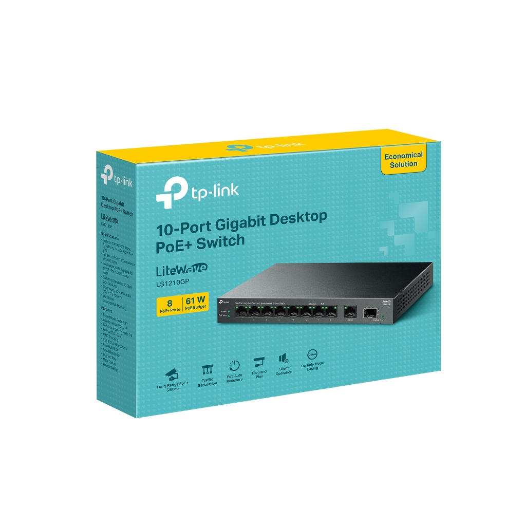 TP-LINK LS1210GP, Green Tech, 10 port Gigabit, 9 Port POE, +1 Port Gigabit SFP, 61W, Yönetilemez Masaüstü Switch