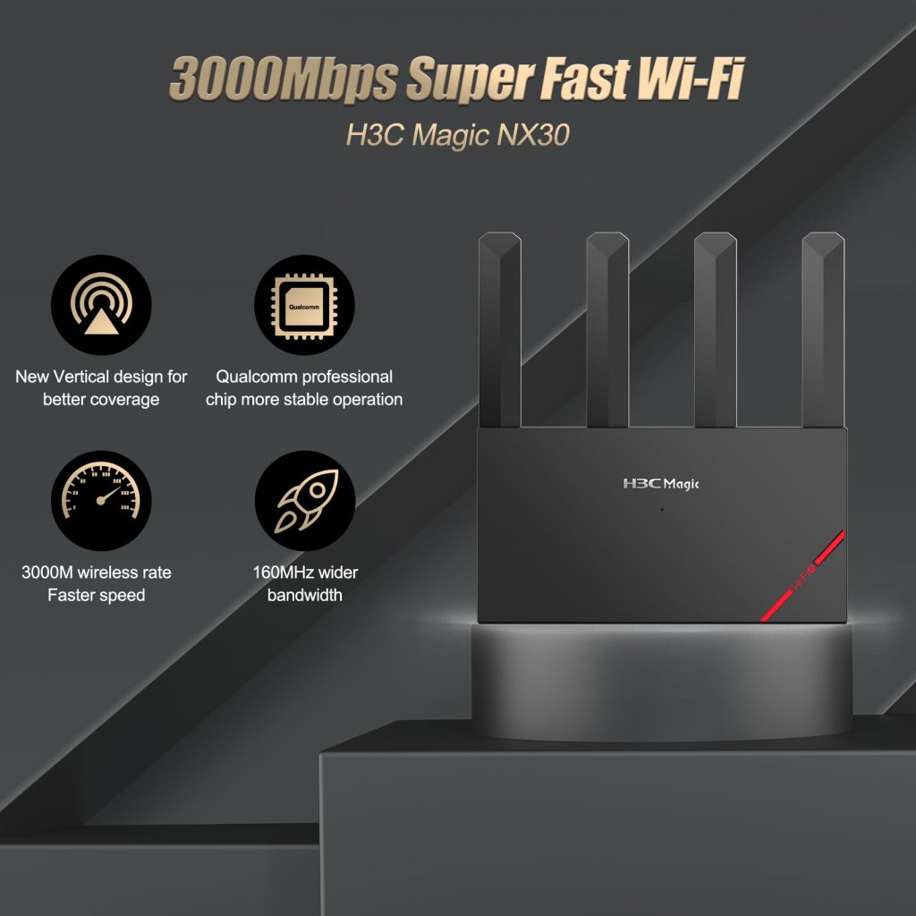 H3C Magic NX30, Dual Band, WiFi 6, 3000Mbps, 4Port GigaBit, 4ad Anten, Masaüstü, Router
