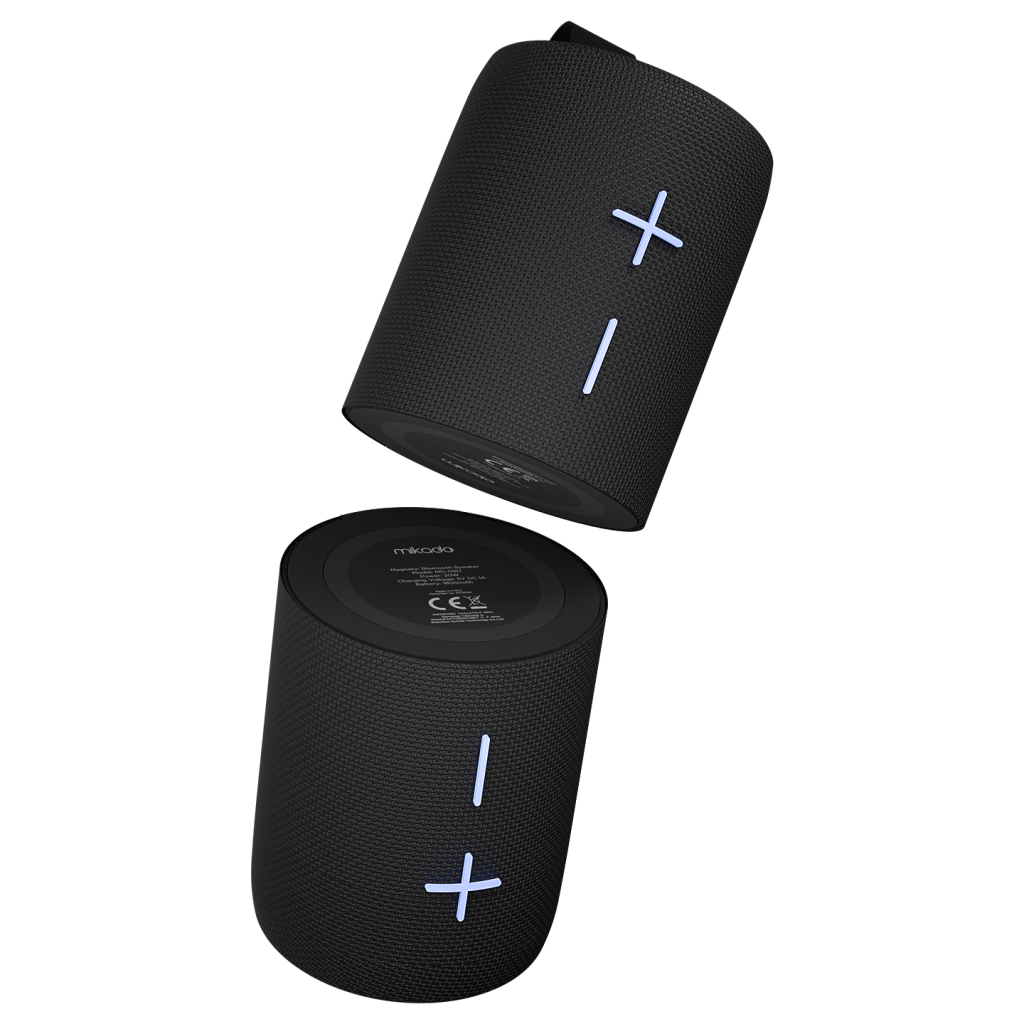 MIKADO MD-51BT, 20W, Taşınabilir, AUX/BT/TF/TWS, RGB Işıklı, 1800mAh + 1800mAh, IPX66 Su Geçirmez, Mıknatıslı, Ayrılabilir 2 Parça, Bluetooth Speaker (Siyah)