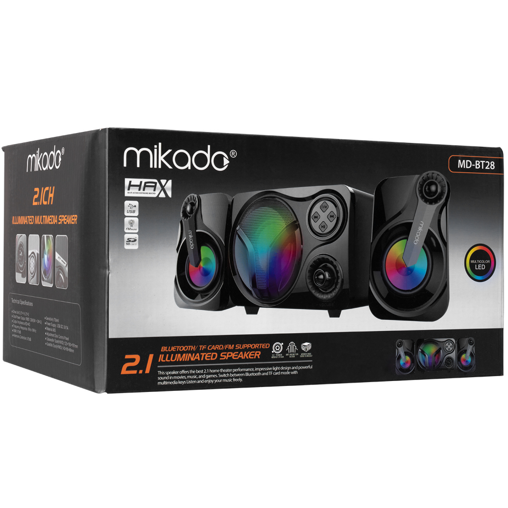 MIKADO MD-BT28, 11W, 2+1, Masaüstü, RGB Aydınlatma, BT/TF Card/USB, FM Radyo, Siyah Kasa, Speaker