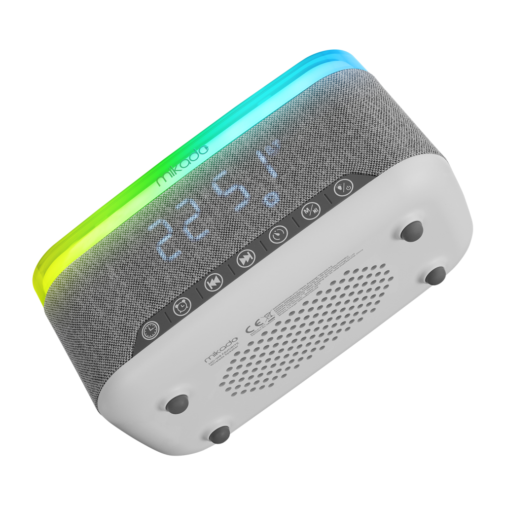 MIKADO MD-W8, 10W, Taşınabilir, USB/TYPE-C/BT/TF, RGB Işıklı, 1200mAh, 15W Kablosuz Şarj, Gece Lambası, Alarmlı Saat, Bluetooth Speaker