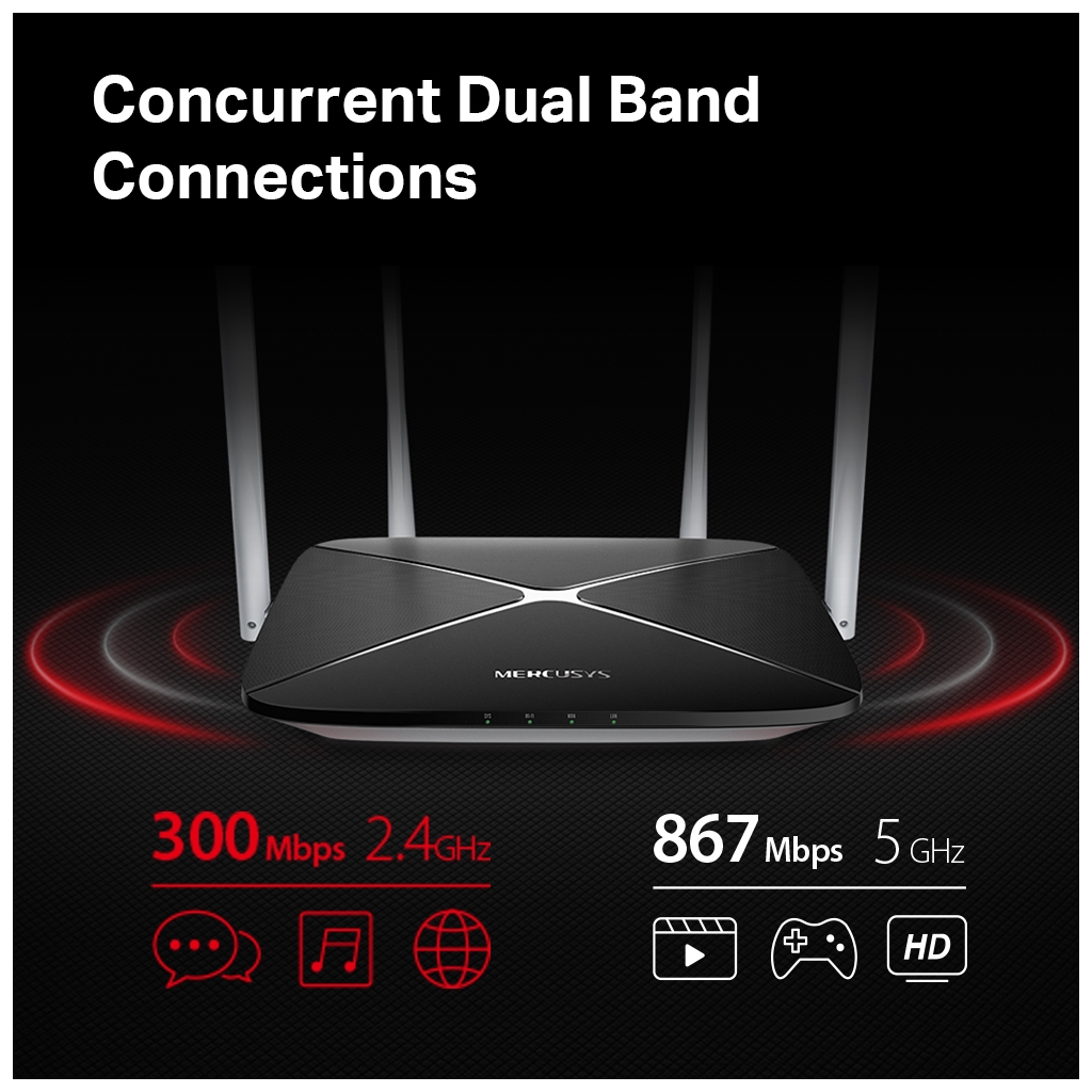 MERCUSYS AC12, AC1200, 4Port, 300-867Mbps, DualBand, Masaüstü, Megabit, Router