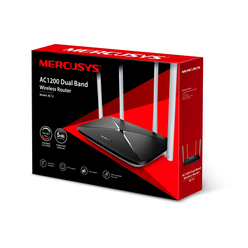 MERCUSYS AC12, AC1200, 4Port, 300-867Mbps, DualBand, Masaüstü, Megabit, Router