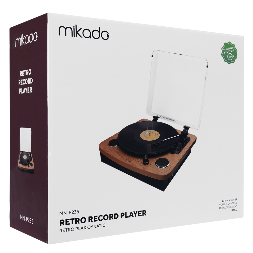 MIKADO MN-P235, Nostalgia, VOYAGER, 6W, Masaüstü, Ahşap, Plak Çalar, Bluetooth, Pikap, Müzik Kutusu