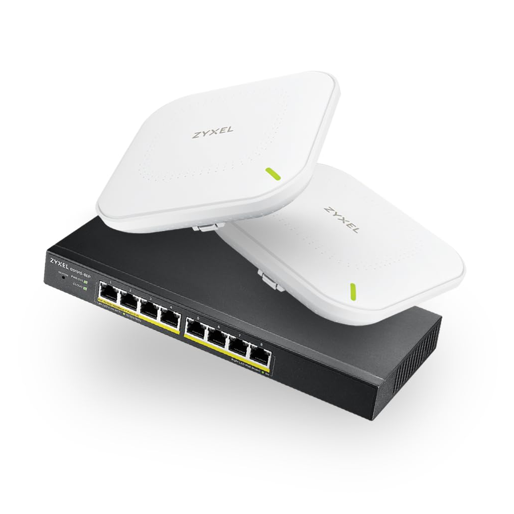 ZYXEL NEBULA STARTER Kit, 1x GS1915-8EP 8 Port Poe Yönetilebilir Fiber Switch, 2x NWA90AX DualBand, WiFi6, Poe Access Point