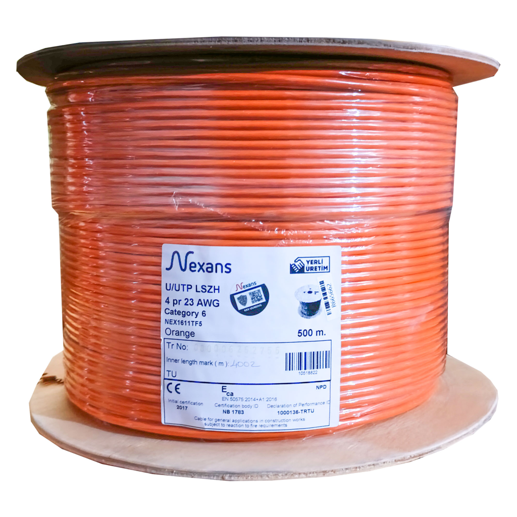 NEXANS NEX1611TF5, TURUNCU, CAT6, 500M, 23AWG (0,58mm), UTP, %100 Bakır, LSZH Halogen Free, Makara, Kablo