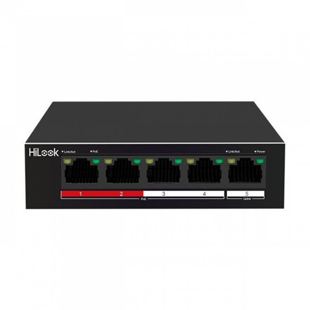 HILOOK NS-0105P-35(B), 5 Port, Megabit, 4 Port PoE, 35W, +1 Port Megabit Uplink, Long Range 250Metre, Yönetilemez, Masaüstü Switch