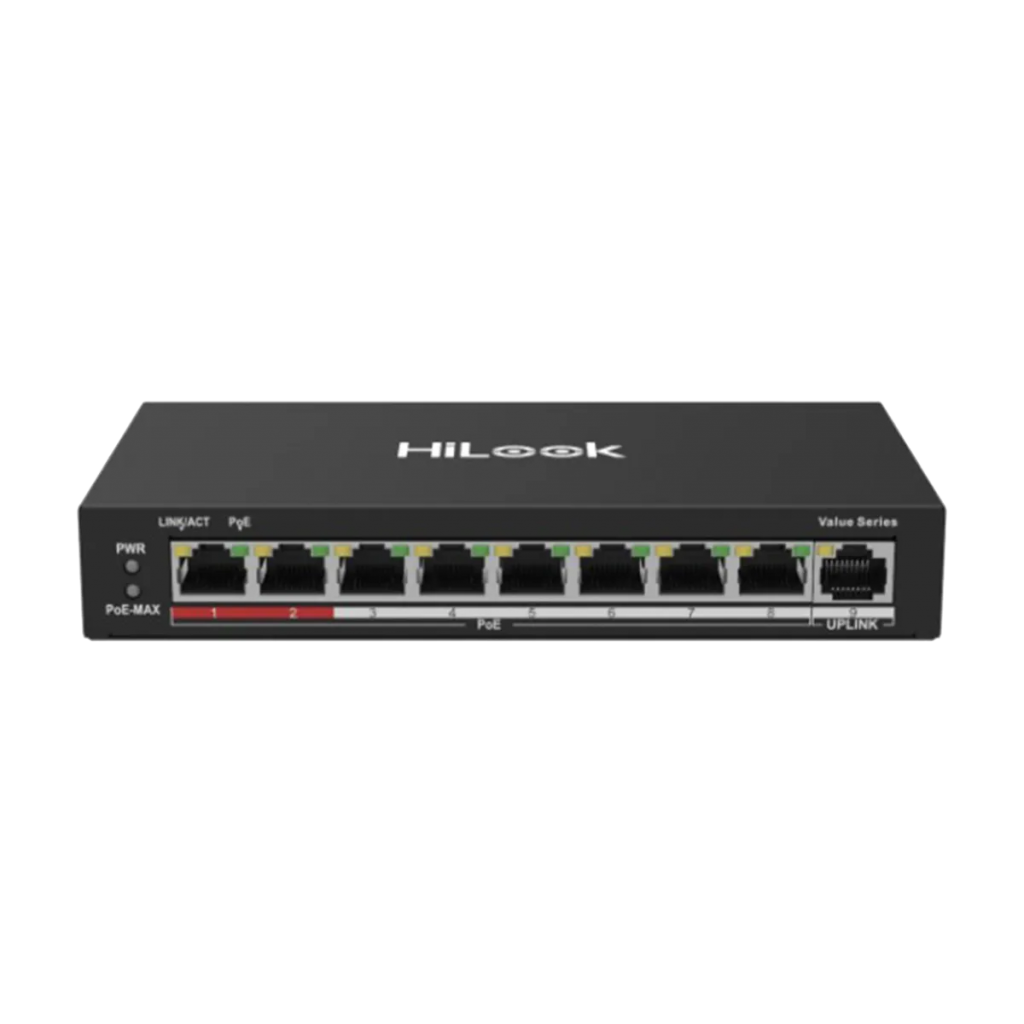 HILOOK NS-0109P-60(B), 8 Port, Megabit, 8 Port PoE, 60W, +1 Port Megabit Uplink, Long Range 250Metre, Yönetilemez, Masaüstü Switch