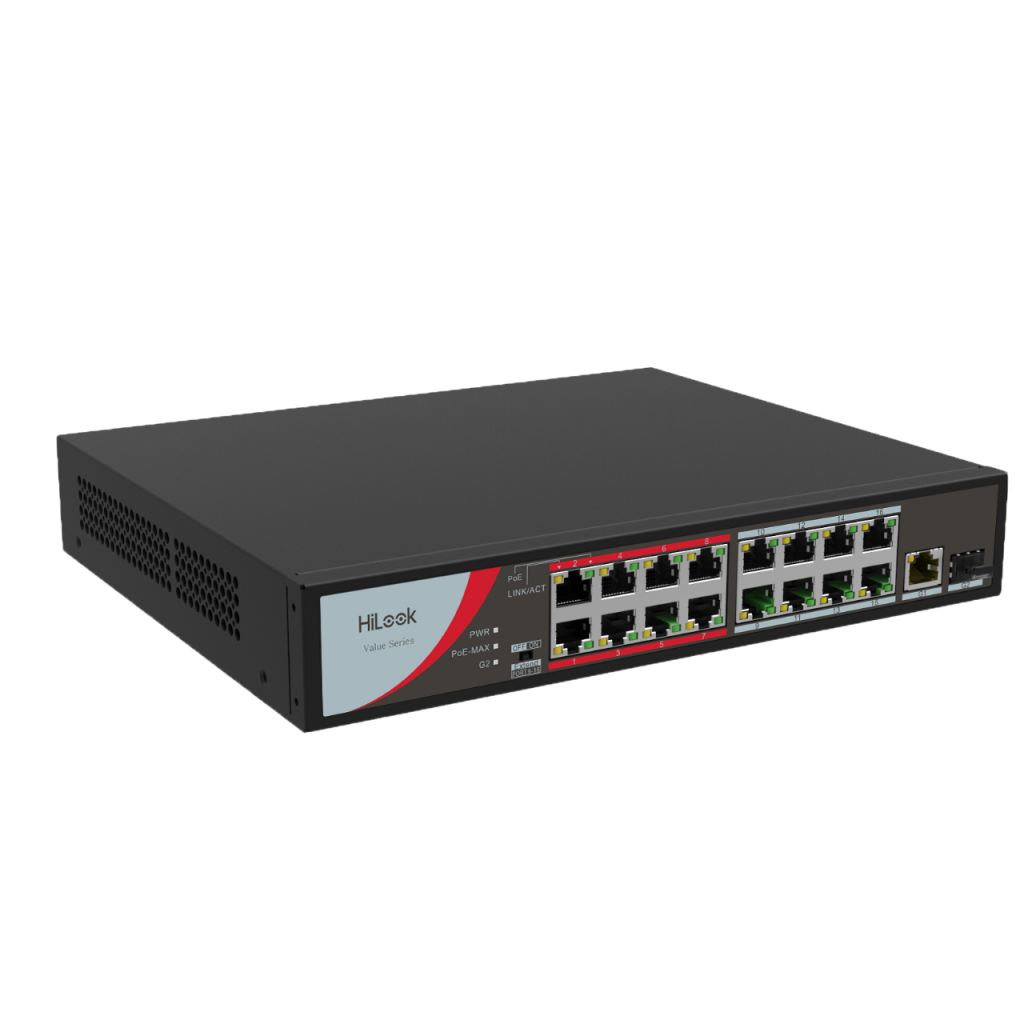 HILOOK NS-0318P-130(B), 16 Port, Megabit, 16 Port PoE, 130W, +1 Port GigaBit, +1 Port GigaBit SFP, Long Range 250Metre, Yönetilemez, Masaüstü Switch