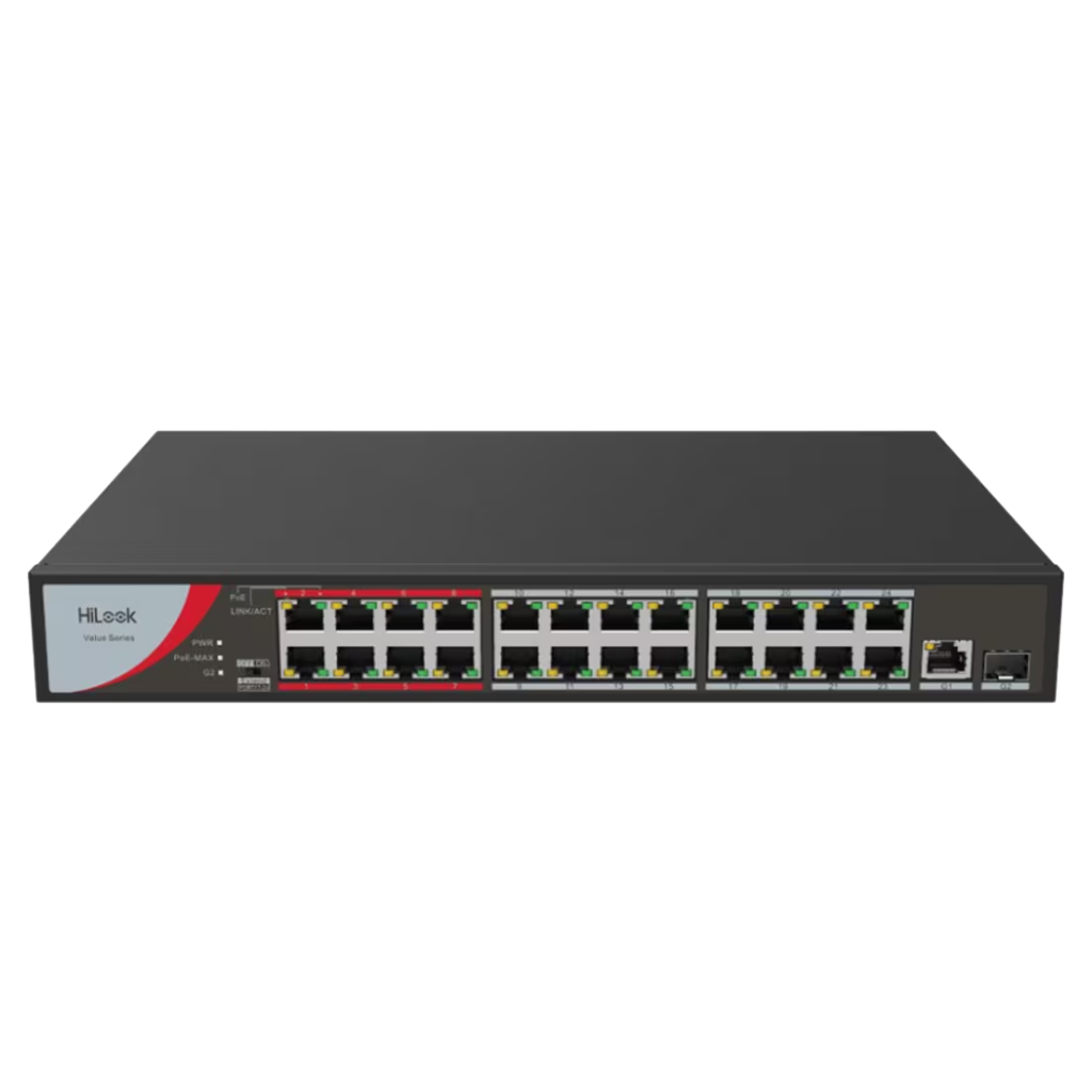 HILOOK NS-0326P-230(B), 26Port, Megabit, 24 Port PoE, 230W, +1 Port GigaBit, +1 Port GigaBit SFP, Long Range 250Metre, Yönetilemez, Masaüstü Switch