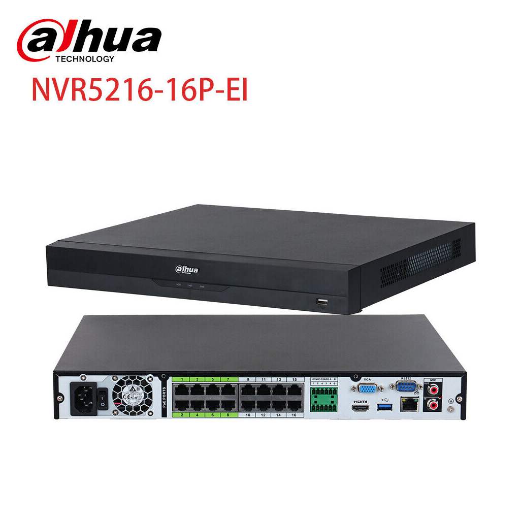 DAHUA  NVR5216-16P-EI, 16Kanal POE, 32Mpix, H265+, 2 HDD Desteği, 1080P Kayıt, 384Mbps Bant Genişliği, NVR