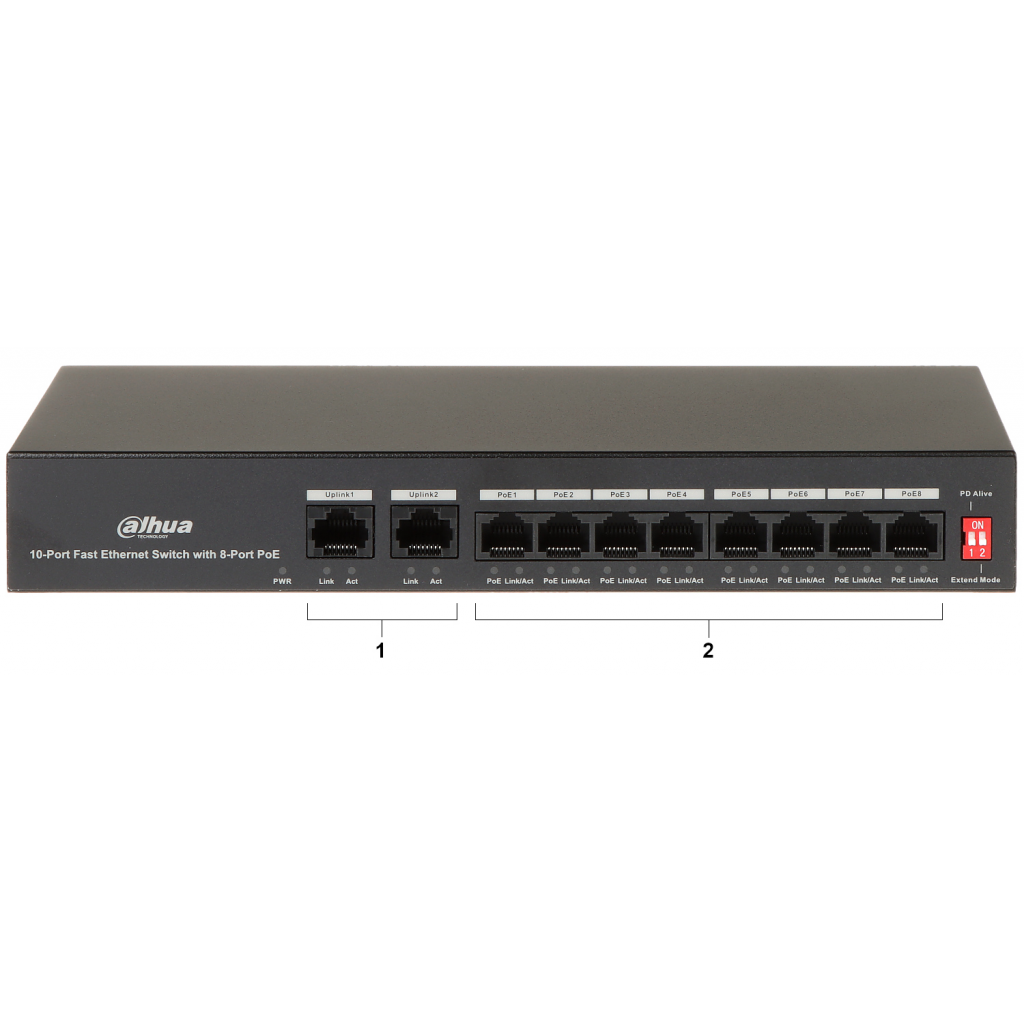 DAHUA PFS3010-8ET-65, 8 Port, MegaBit, 8 Port PoE, 65W, +2 Port MegaBit Uplink, Yönetilemez, Masaüstü Switch