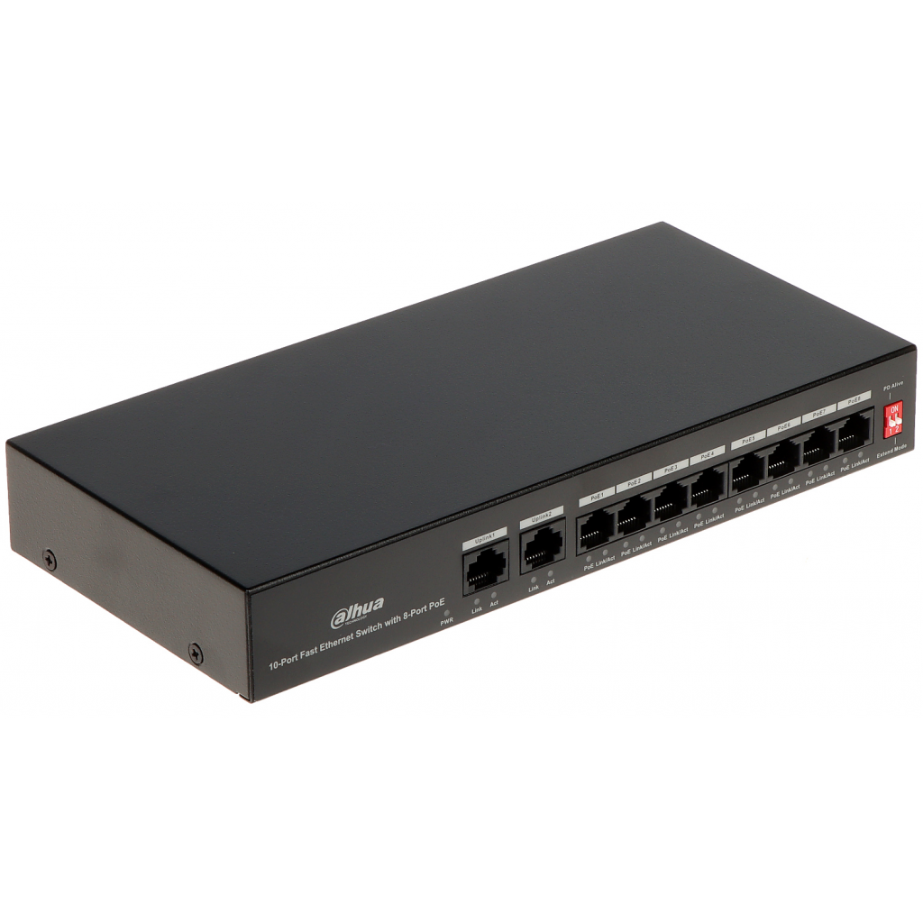 DAHUA PFS3010-8ET-65, 8 Port, MegaBit, 8 Port PoE, 65W, +2 Port MegaBit Uplink, Yönetilemez, Masaüstü Switch