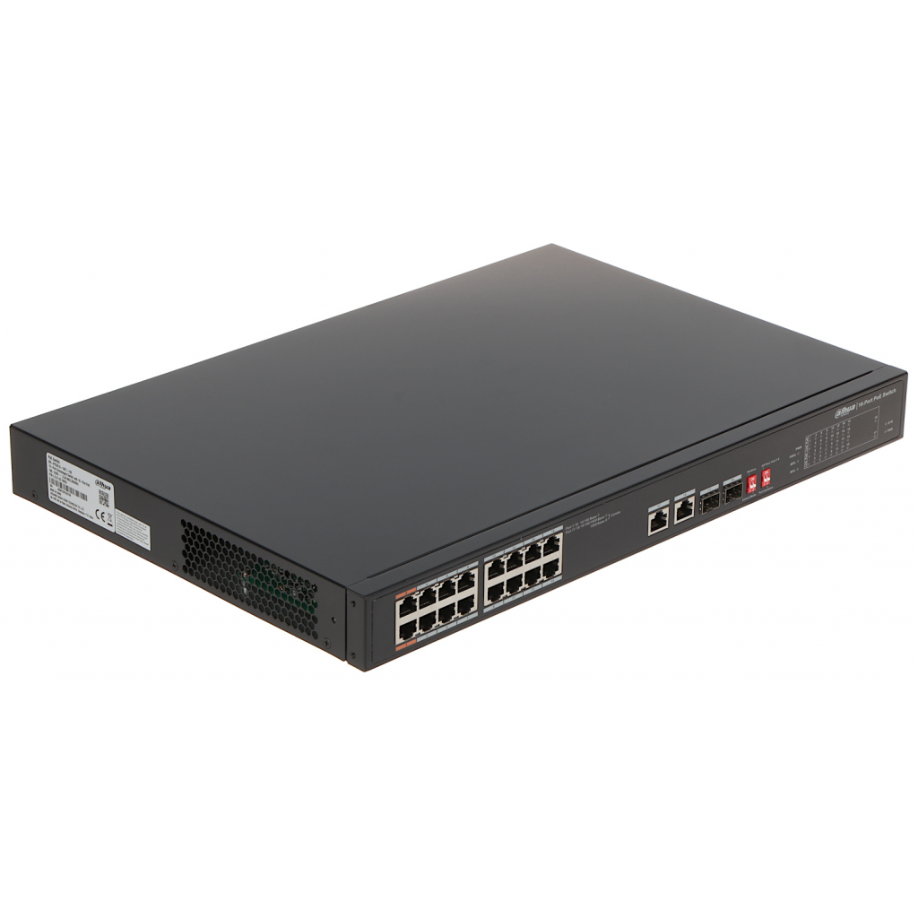 DAHUA PFS3218-16ET-135, 16 Port, Megabit, 16 Port PoE, 135W, +2 Port Gigabit SFP, +2 Port GigaBit Uplink, Yönetilemez, Rack Mount Switch