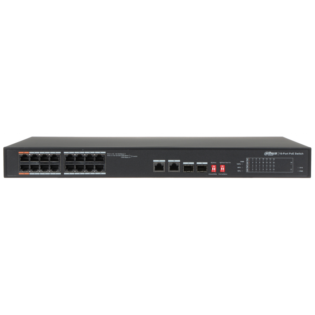 DAHUA PFS3218-16ET-135, 16 Port, Megabit, 16 Port PoE, 135W, +2 Port Gigabit SFP, +2 Port GigaBit Uplink, Yönetilemez, Rack Mount Switch