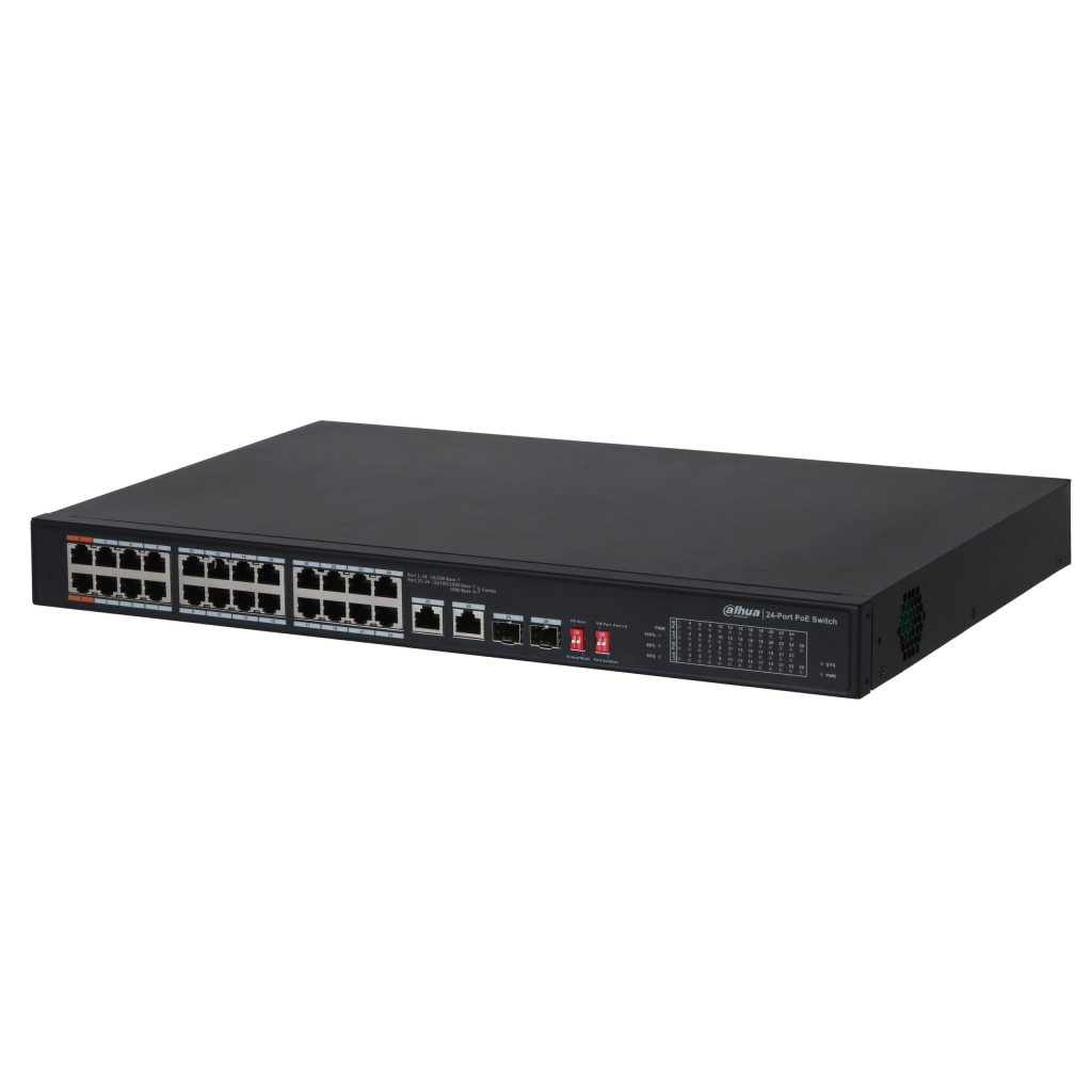 DAHUA PFS3226-24ET-240, 24 Port, MegaBit, 24 Port PoE, 240W, +2 Port Combo SFP,  Rack Mount Switch