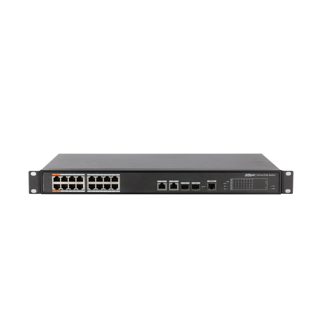 DAHUA PFS4218-16ET-240-V2, 16 Port, MegaBit, 16 Port PoE, 240W, +2 Port Combo SFP, +2 Port GigaBit Uplink, Yönetilebilir, Rack Mount  Switch