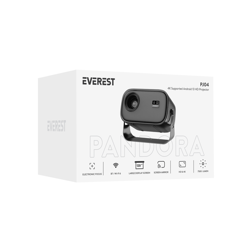 EVEREST PJ04, 250 LED Lümen, 1280X720, 1xHDMI, 1xUSB, WiFi 6, Bluetooth, 30.000 Saat Led Ömrü, 1.5W Speaker, Android 13, 4K Destekli Projeksiyon Cihazı