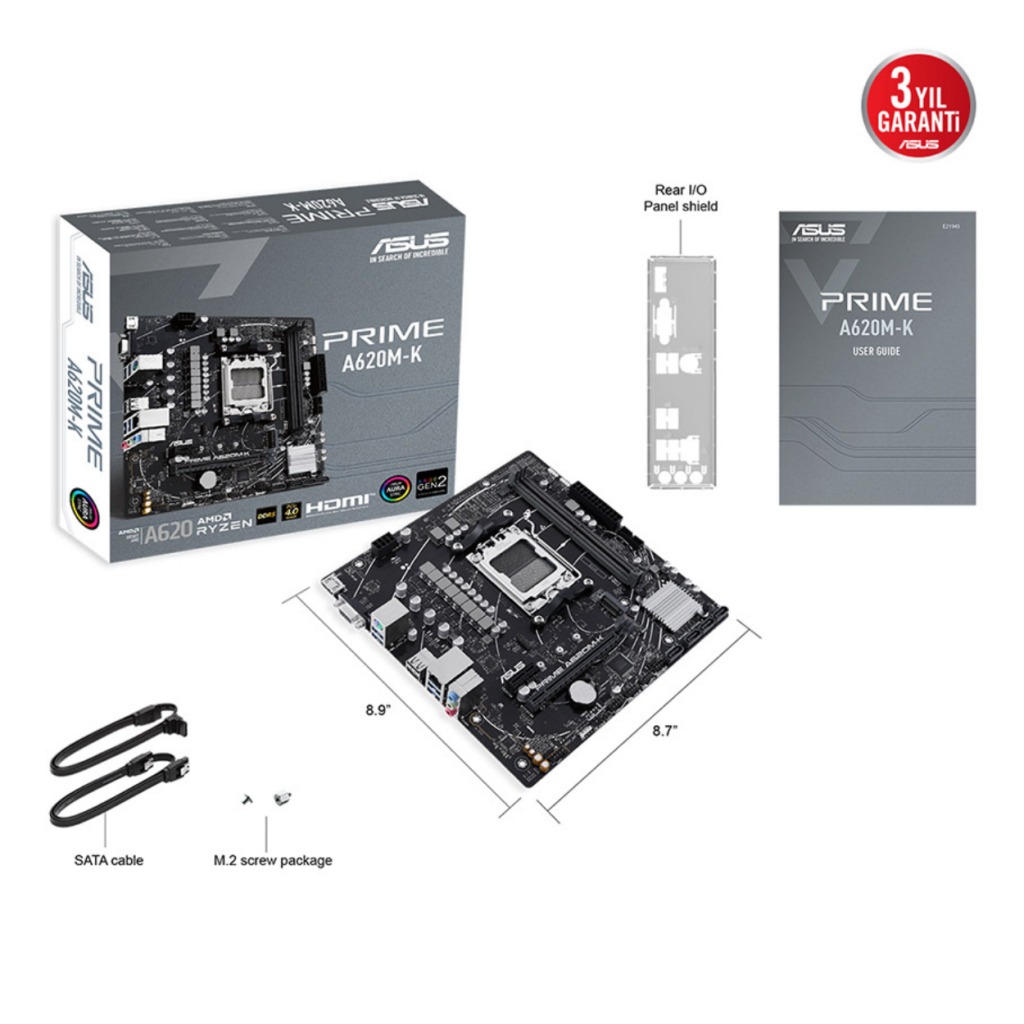 ASUS PRIME A620M-K, 2xDDR5, 1x M.2, D-SUB, HDMI, AMD Ryzen 7000 Serisi, AM5 Soket Anakart