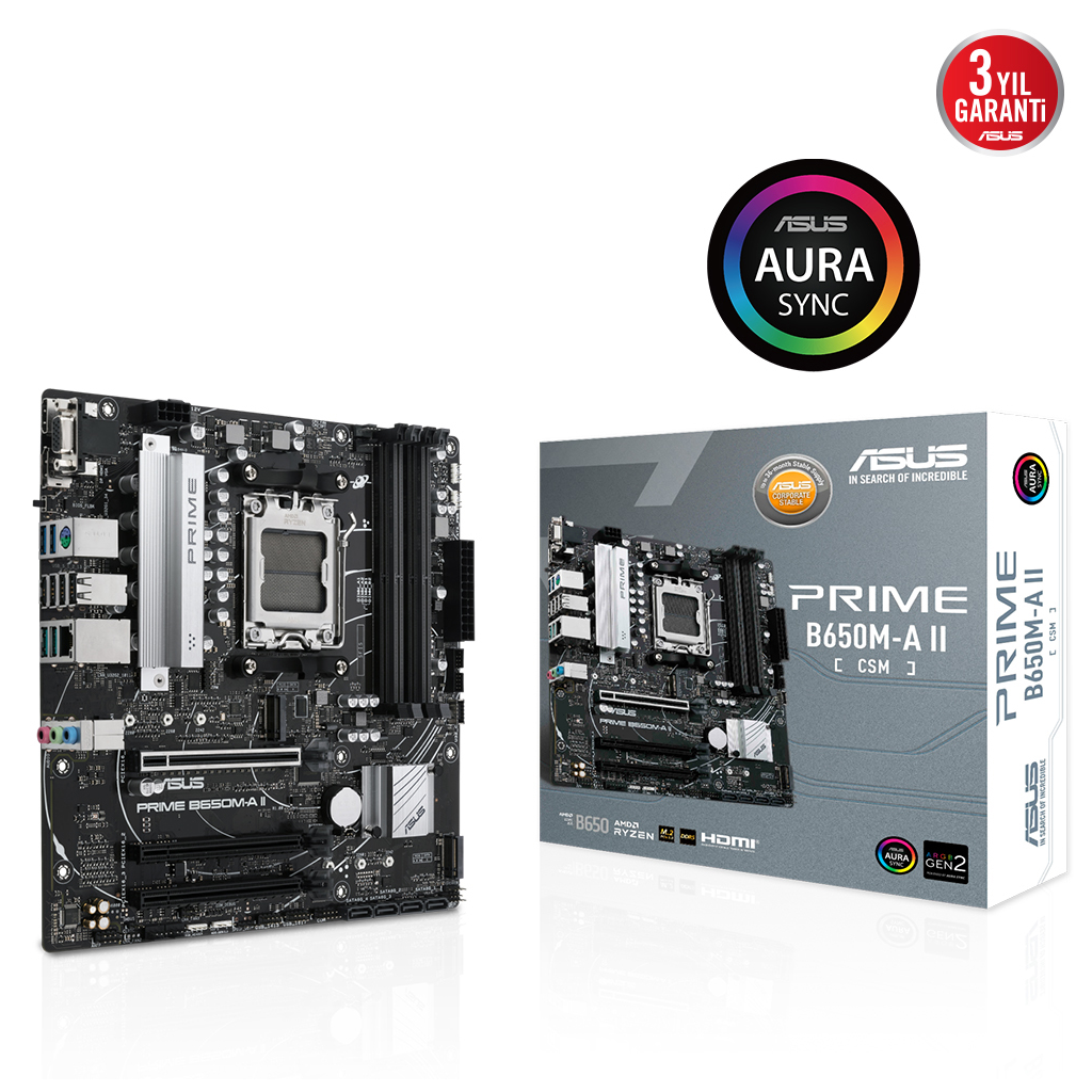 ASUS PRIME B650M-A II CSM, 4xDDR5, 2x M.2, D-SUB, HDMI, DP, AMD Ryzen 7000 Serisi, AM5 Soket Anakart