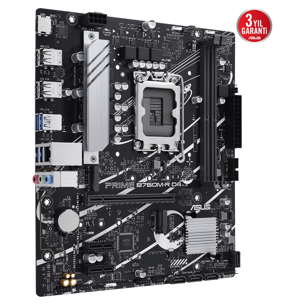 ASUS PRIME B760M-R D4, 2xDDR4, 2x M.2, HDMI, 12-13-14.Nesil, LGA1700 Soket, Anakart