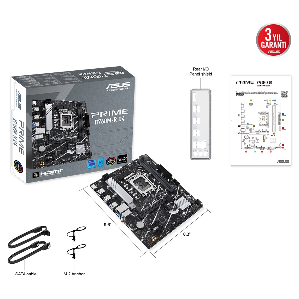 ASUS PRIME B760M-R D4, 2xDDR4, 2x M.2, HDMI, 12-13-14.Nesil, LGA1700 Soket, Anakart