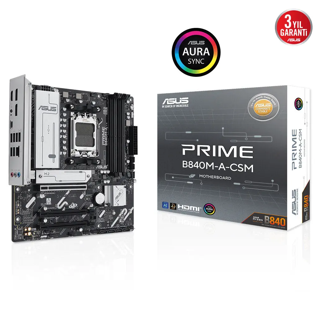 ASUS PRIME B840M-A-CSM, 4xDDR5, 3x M.2, HDMI, 2x DP, Type-C, AMD Ryzen 9000 Serisi, AM5 Soket Anakart