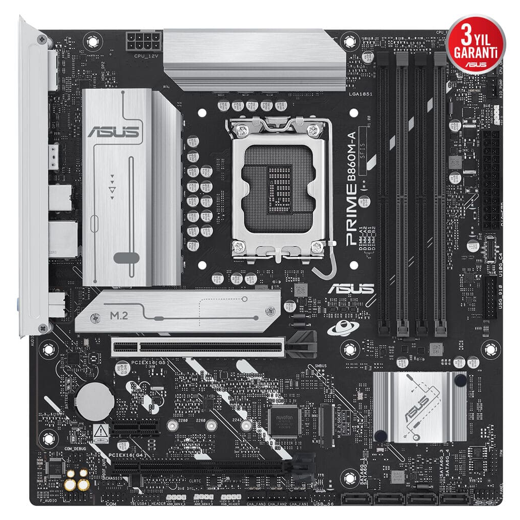 ASUS PRIME B860M-A-CSM, 8666MHz, 4xDDR5 2xM.2, HDMI, 2xDP, Type-C, Intel Core Ultra CPU(Seri 2), LGA1851 Soket Anakart