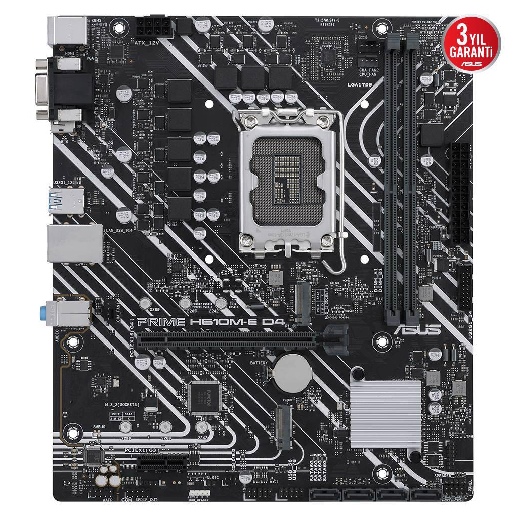 ASUS PRIME H610M-E D4-CSM, 2xDDR4, 2x M.2, D-SUB, HDMI, DP, 12-13.Nesil, LGA1700 Soket, Anakart