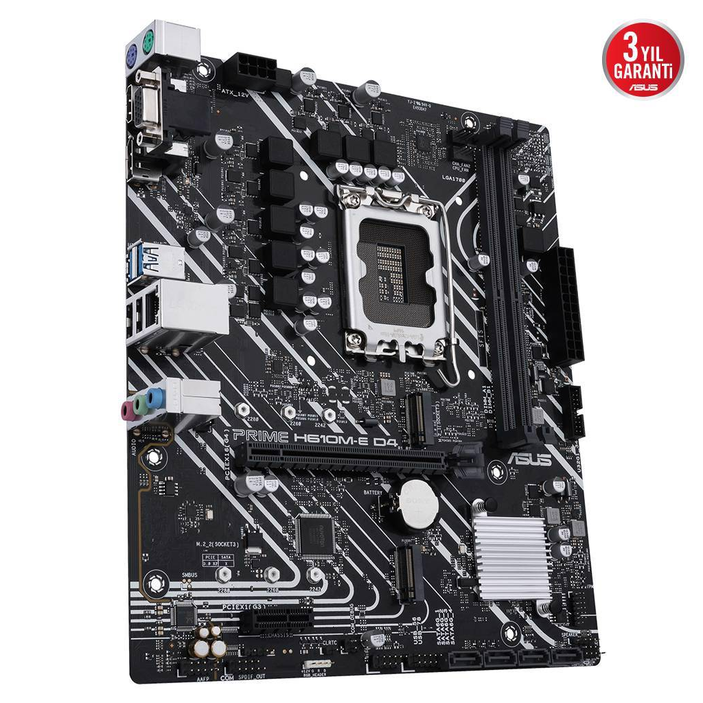 ASUS PRIME H610M-E D4-CSM, 2xDDR4, 2x M.2, D-SUB, HDMI, DP, 12-13.Nesil, LGA1700 Soket, Anakart