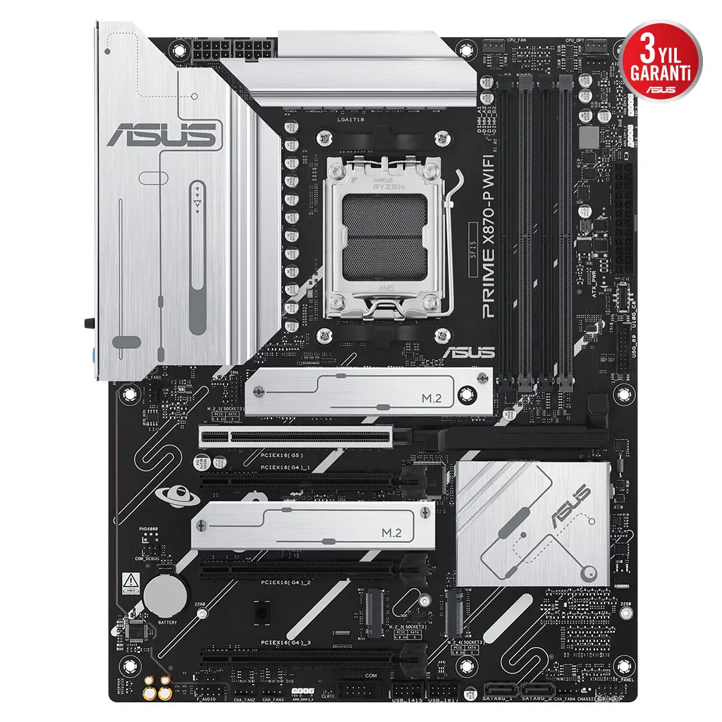 ASUS PRIME X870-P WIFI, 4xDDR5, 4xM.2, HDMI, DP, Type-C, Wi-Fi 7, Bluetooth v5.4, AMD Ryzen 9000-8000 ve 7000 Serisi, AM5 Soket Anakart