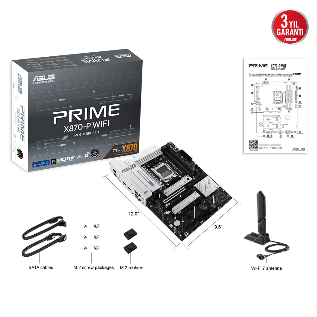 ASUS PRIME X870-P WIFI, 4xDDR5, 4xM.2, HDMI, DP, Type-C, Wi-Fi 7, Bluetooth v5.4, AMD Ryzen 9000-8000 ve 7000 Serisi, AM5 Soket Anakart