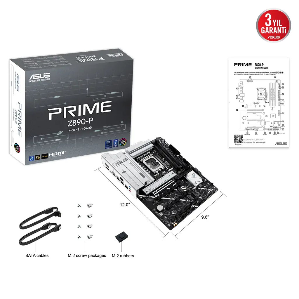 ASUS PRIME Z890-P, 7600MHz, 4xDDR5 4x M.2, HDMI, DP, Type-C, Intel Core Ultra CPU(Seri 2), LGA1851 Soket Anakart