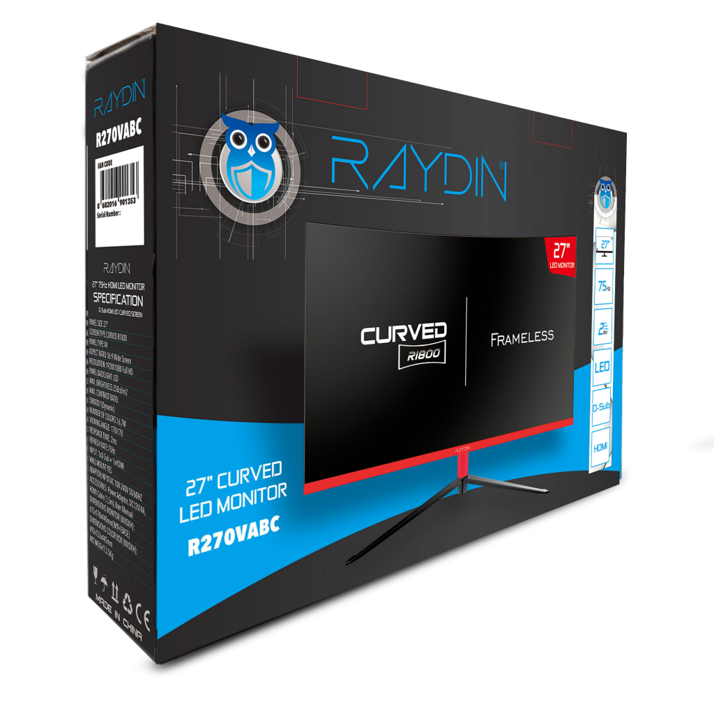 RAYDIN R270VABC, 27&quot;, 2ms, 75Hz, Full HD, D-Sub, HDMI, Frameless, R1800 Curved, VA LED Monitör (Siyah)