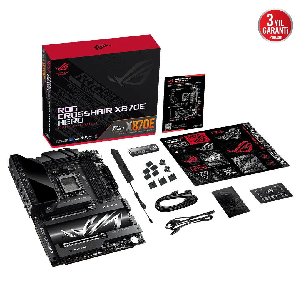 ASUS ROG CROSSHAIR X870E HERO, 4xDDR5, 5xM.2, HDMI, DP, Type-C, PCIe 5.0, 2xWi-Fi 7, Bluetooth v5.4, AMD Ryzen 9000-8000 ve 7000 Serisi, AM5 Soket Anakart