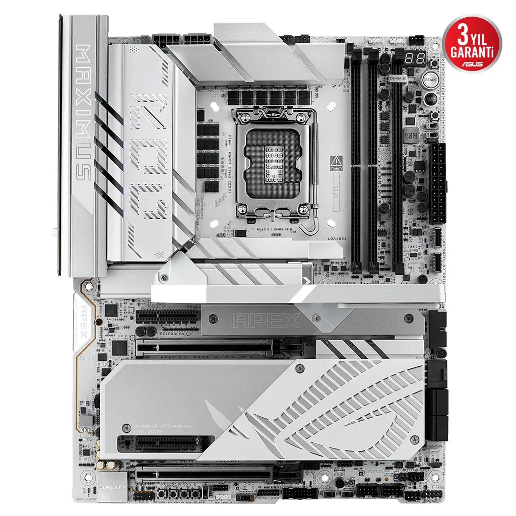 ASUS ROG MAXIMUS Z890 APEX, 9000MHz, 2xDDR5,  6x M.2, 2xThunderbolt, 4xType-C, Wi-Fi 7, Bluetooth 5.4, Intel Core Ultra CPU(Seri 2), LGA1851 Soket, Gaming Anakart