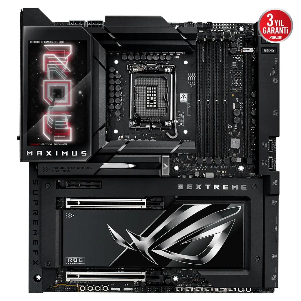 ASUS ROG MAXIMUS Z890 EXTREME, 8800MHz, 4xDDR5,  6x M.2, HDMI, 2xThunderbolt, 5xType-C, Wi-Fi 7, Bluetooth 5.4, Intel Core Ultra CPU(Seri 2), LGA1851 Soket, ARGB Gaming Anakart