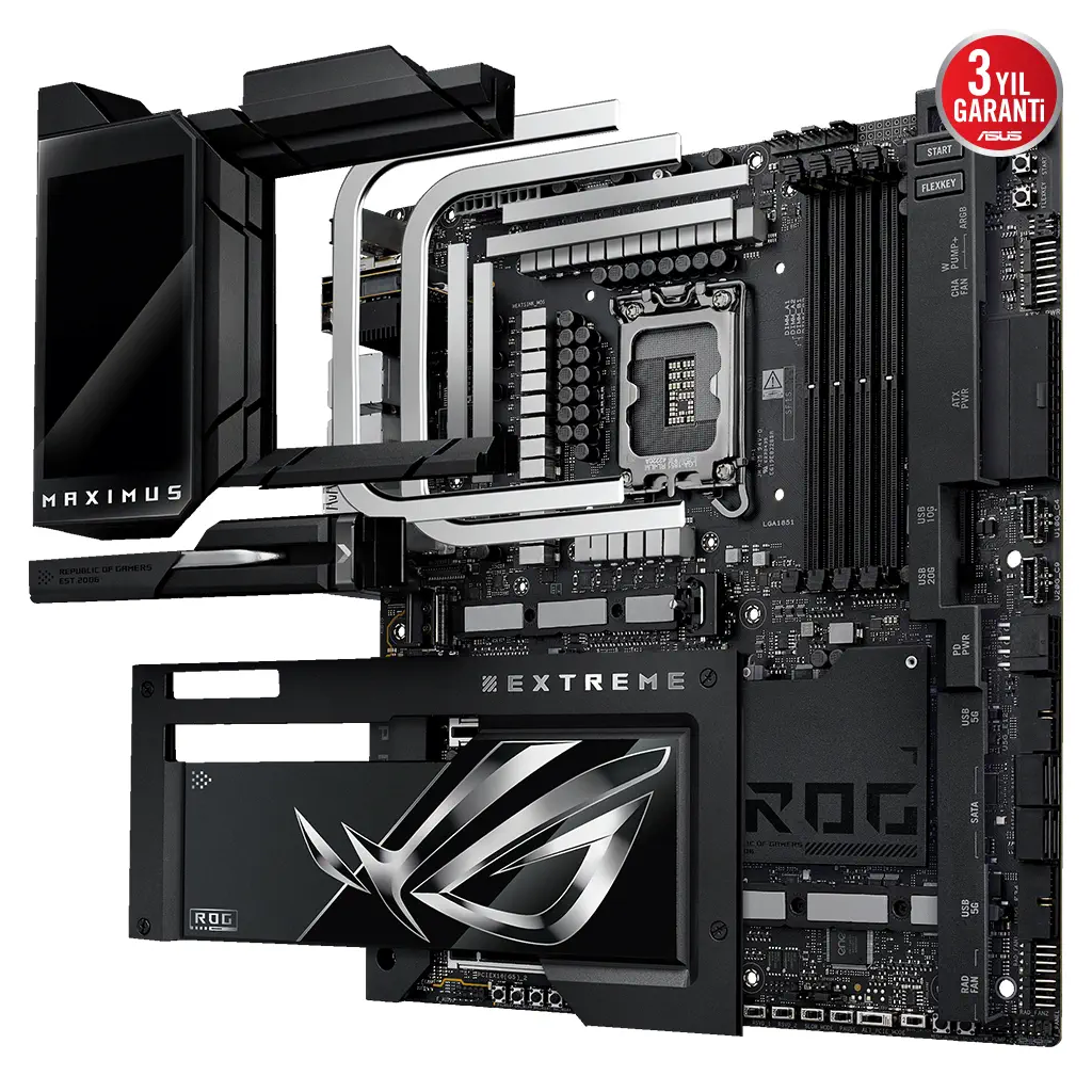 ASUS ROG MAXIMUS Z890 EXTREME, 8800MHz, 4xDDR5,  6x M.2, HDMI, 2xThunderbolt, 5xType-C, Wi-Fi 7, Bluetooth 5.4, Intel Core Ultra CPU(Seri 2), LGA1851 Soket, ARGB Gaming Anakart