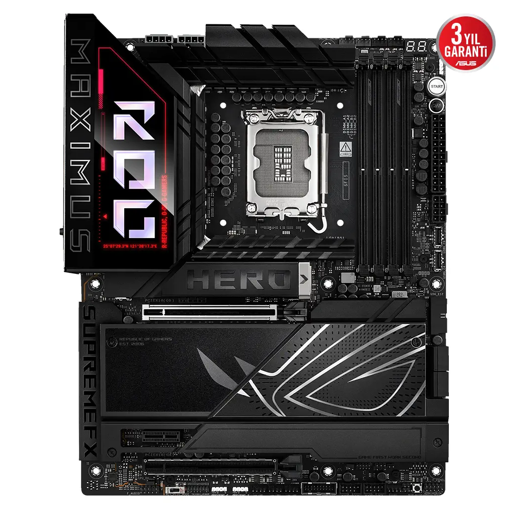 ASUS ROG MAXIMUS Z890 HERO, 8800MHz, 4xDDR5,  6x M.2, HDMI, 2xThunderbolt, 4xType-C, Wi-Fi 7, Bluetooth 5.4, Intel Core Ultra CPU(Seri 2), LGA1851 Soket, Gaming Anakart