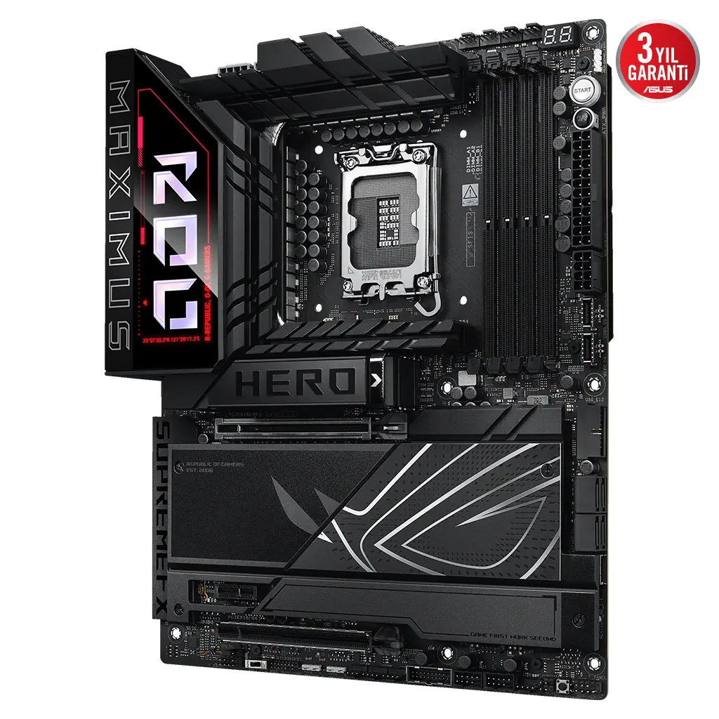 ASUS ROG MAXIMUS Z890 HERO, 8800MHz, 4xDDR5,  6x M.2, HDMI, 2xThunderbolt, 4xType-C, Wi-Fi 7, Bluetooth 5.4, Intel Core Ultra CPU(Seri 2), LGA1851 Soket, Gaming Anakart