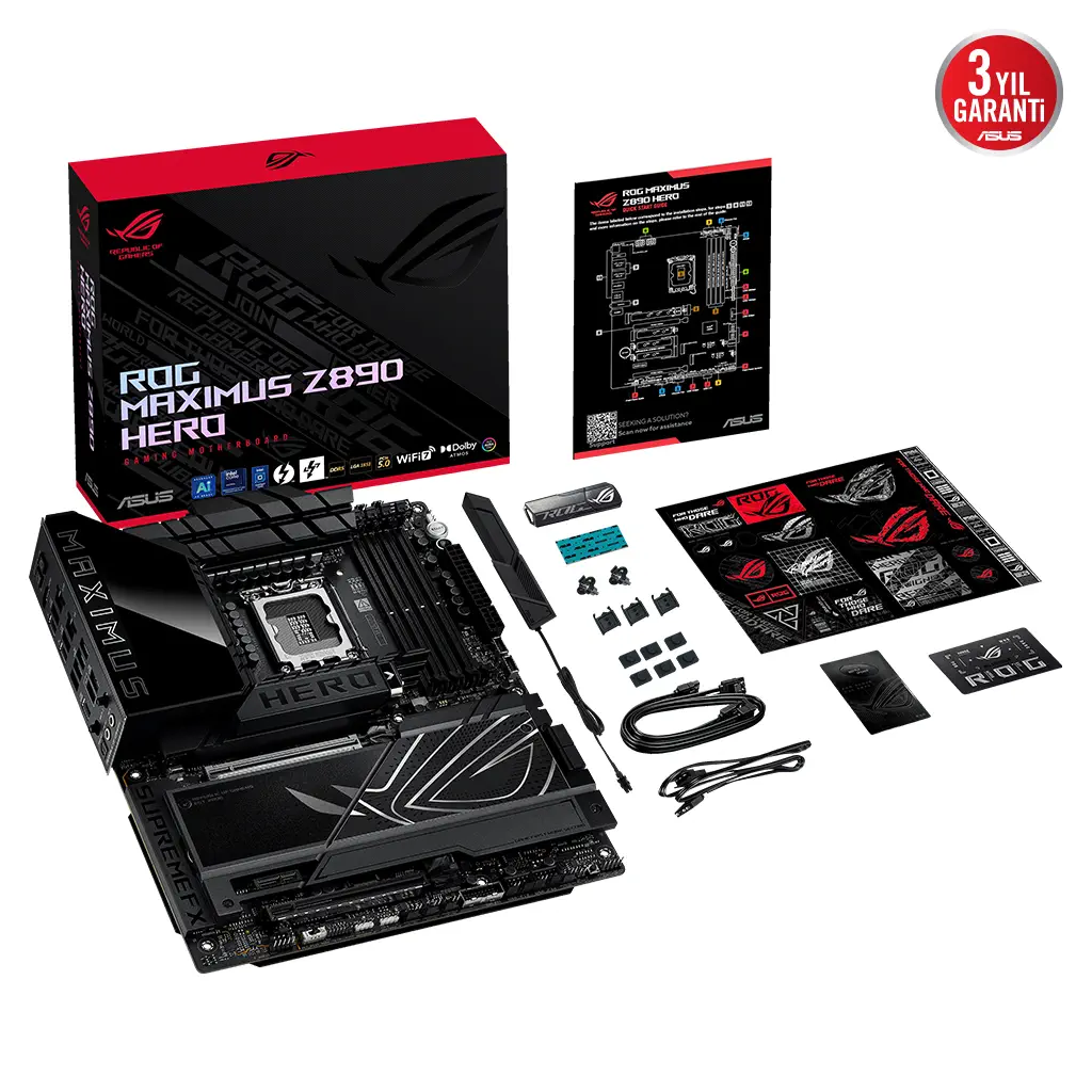 ASUS ROG MAXIMUS Z890 HERO, 8800MHz, 4xDDR5,  6x M.2, HDMI, 2xThunderbolt, 4xType-C, Wi-Fi 7, Bluetooth 5.4, Intel Core Ultra CPU(Seri 2), LGA1851 Soket, Gaming Anakart