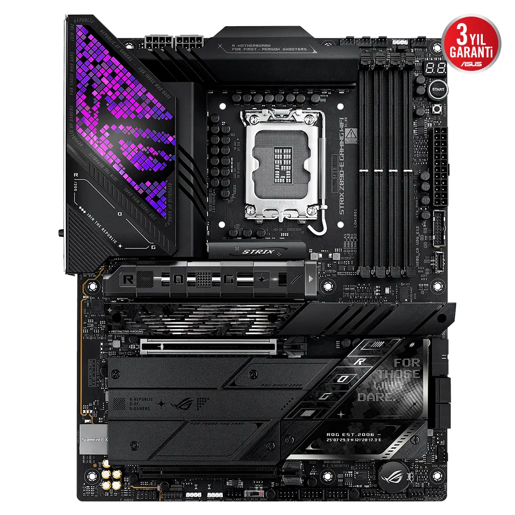 ASUS ROG STRIX Z890-E GAMING WIFI, 8800MHz, 4xDDR5, 7x M.2, HDMI, DP, 2xThunderbolt, 4xType-C, Wi-Fi 7, Bluetooth 5.4, Intel Core Ultra CPU(Seri 2), LGA1851 Soket, Gaming Anakart