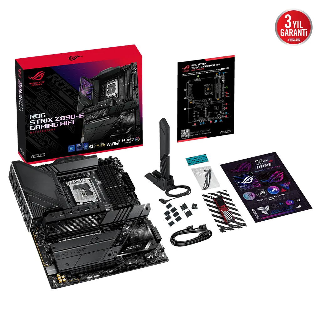 ASUS ROG STRIX Z890-E GAMING WIFI, 8800MHz, 4xDDR5, 7x M.2, HDMI, DP, 2xThunderbolt, 4xType-C, Wi-Fi 7, Bluetooth 5.4, Intel Core Ultra CPU(Seri 2), LGA1851 Soket, Gaming Anakart