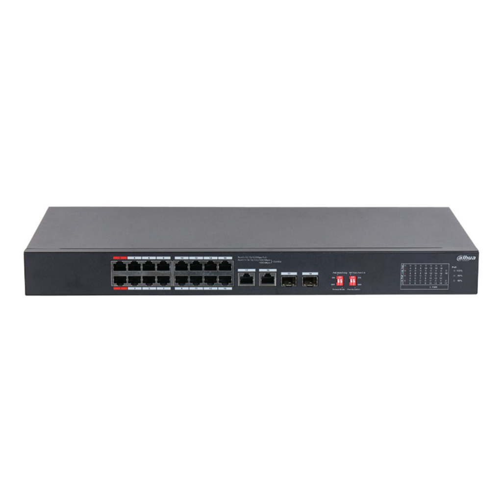 DAHUA S3218-16ET-135, 16 Port, Megabit, PoE 135W, 2 Port GigaBit Uplink, 2 Port GigaBit SFP, Longe Range 250Mt, Yönetilemez, Rack Mount Switch